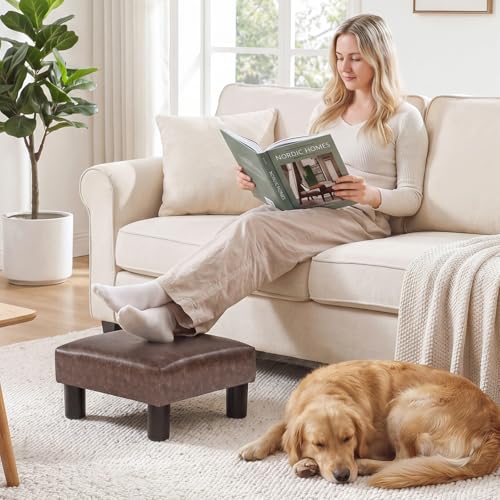 Small Footstool Ottoman Upholstered PU Leather Square Footrest Ottomans Small Foot Rest for Desk Couch Living Room Bedroom Office