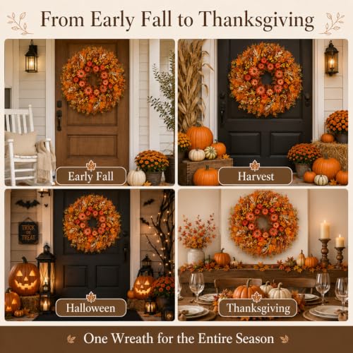 28 Inch Fall Wreath for Front Door Outside Large Artificial Autumn Wreath with Orange Red Pumpkins Maple Leaves Berries Fall Decoration for Home Farmhouse Door Wreath for Harvest Thanksgiving