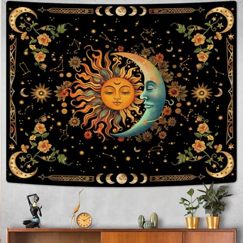 Sun and Moon Tapestry Astrology Space Wall Hanging Boho Hippie Floral Plant Tapestries Aesthetic Vintage Mandala Flower Decor for Living Room Bedroom