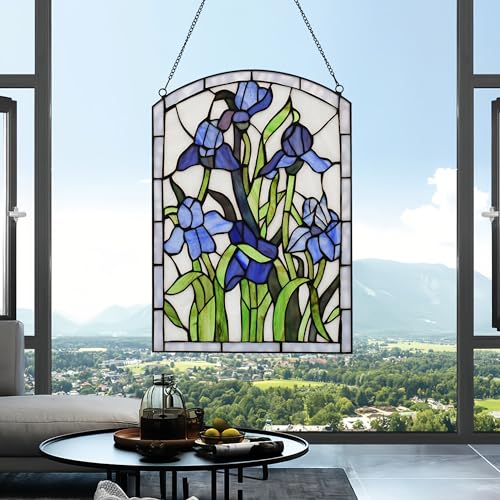 Iris Stained Glass Window Hanging 16" H x 11" W Tiffany Style Blue Rectangular Window Panel Suitable for Living Room Bedroom Kitchen Window Decoration Hangings with Chain