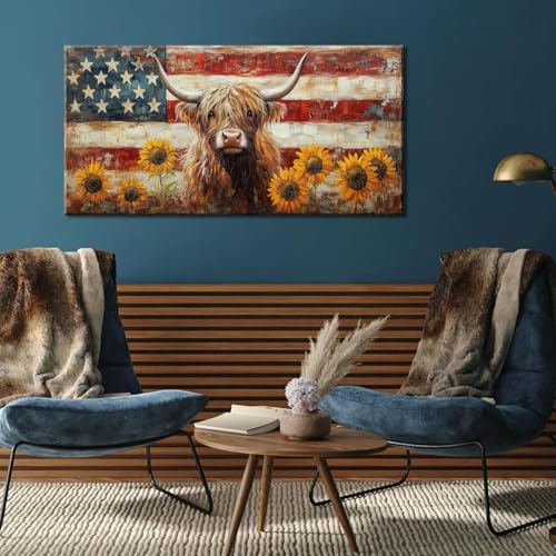 Country Highland Cow Wall Art for Living Room Rustic Retro Vintage American Flag Sunflower Canvas Painting Prints Highland Cattle Artwork Farmhouse Bedroom Office Decor