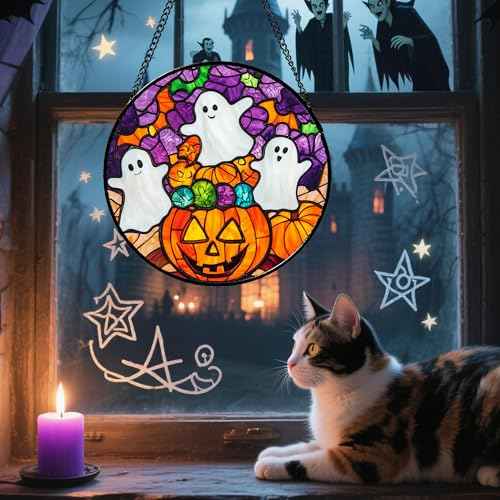 Stained Glass Window Hanging Halloween Horror Pumpkin White Ghost 9.8"