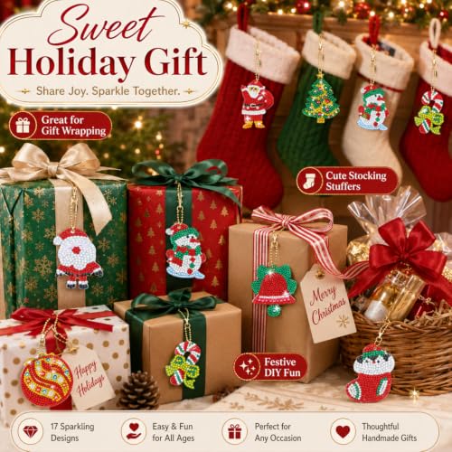 17 Pcs Double Sided Diamond Art Christmas Ornaments Keychains 5d