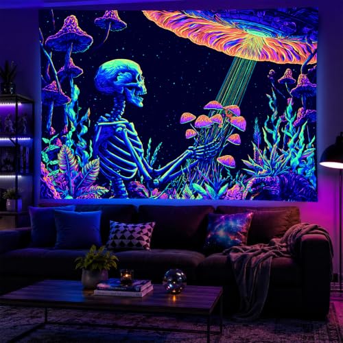 Blacklight Tapestry Skeleton UFO Glow Backdrop 78 x 59 Inch