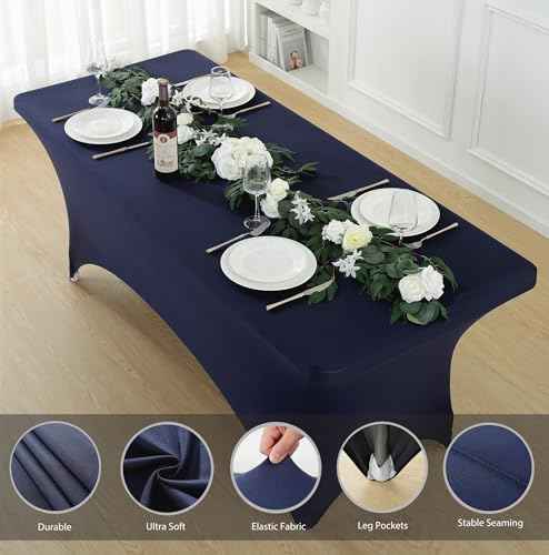 2 Pack 8ft Navy Blue Spandex Tablecloth Fitted Stretch Cover Rectangle Universal Fit for Folding Tables Wrinkle (2 Count)