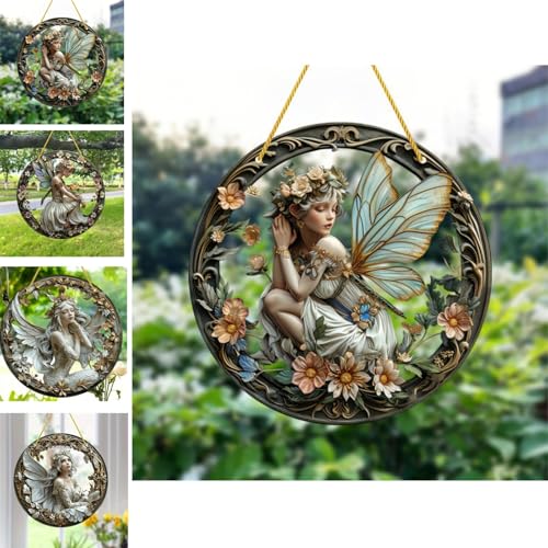 Flower Fairy Garden Decorations Angel Wing Christmas Halloween Deco Statue Art Elf Sculpture Hanging Craft for Outdoor Yard Courtyard Lawn Patio Window Acrylic Ornament Home Gift