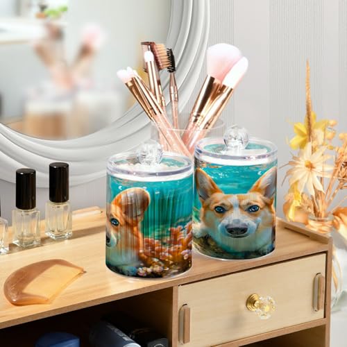 2 Pack Qtip Holder Organizer Dispenser Corgi Dog Underwater Bathroom Storage Canister Cotton Ball Holder Container for Cotton Pads (2 Count)