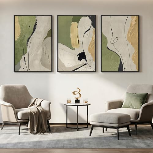 Large Framed Sage Green Abstract Wall Art for Living Room (3 Count)