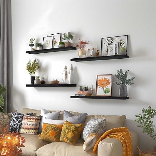 24 Inch Floating Shelves for Wall Rustic Black Wood Wall Shelves for Bedroom Set of 4 (4 Count)