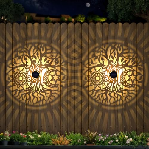 2 Pack Large Solar Fence Lights Metal Solar Powered Outdoor Wall Deck Step Lights Tree Theme Waterproof Fence Light for Garden Post Patio Backyard Yard Decor (2 Count)
