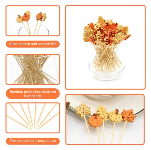 100pcs Pumpkin Maple Leaf Assorted Cocktail Picks 5″ Autumn Theme Decoration Toothpicks Skewers for Appetizers Charcuterie Board Accessories Food Garnish (100 Count)