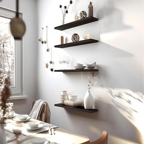 24 Inch Floating Shelves for Wall Rustic Brown Wood Wall Shelves for Bedroom Set of 4 (4 Count)