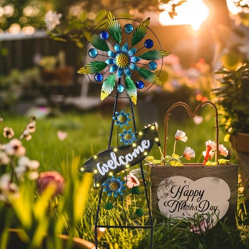 Solar Metal Hummingbird Wind Spinner Garden Stake 35"
