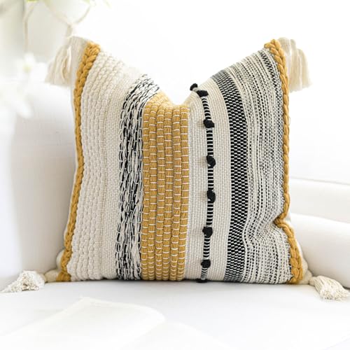 Yellow Mustard Decorative Throw Pillow Cover 18x18 Square Boho Accent Pillowcase Tassels Farmhouse Cushion for Couch Sofa Bedroom Living Room Home Décor Cover ONLY