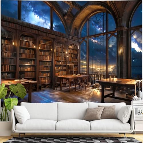 Gothic Library Tapestry Vintage Medieval Bookshelf Tapestries Wall Hanging Fantasy Space Academia Book Large Tapestry for Bedroom Living Room Dorm Classroom 80 x 60 inch