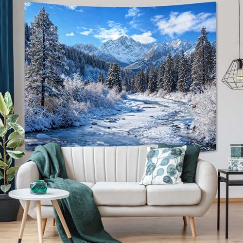 Winter Forest Snow Mountain Tapestry Snowy Pine Tree Woodland Tapestry for Bedroom Aesthetic White Clouds Flowing River Landscape Tapestries Wall Hanging for Living Room Dorm Office 48 x 36 Inch