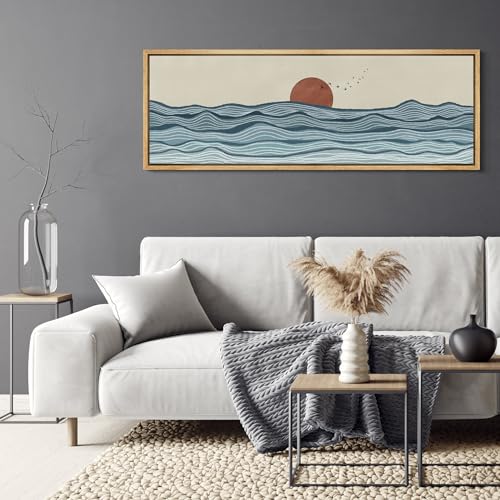 Large Framed Canvas Print Wall Art Calm Seascape Ocean Waves and Setting Sun Illustrations Antique Retro Fine Art Illustrations Decorative Colorful for Bedroom