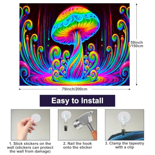 Blacklight Mushroom Tapestry 78x59 Inch UV Reactive Wall Hanging