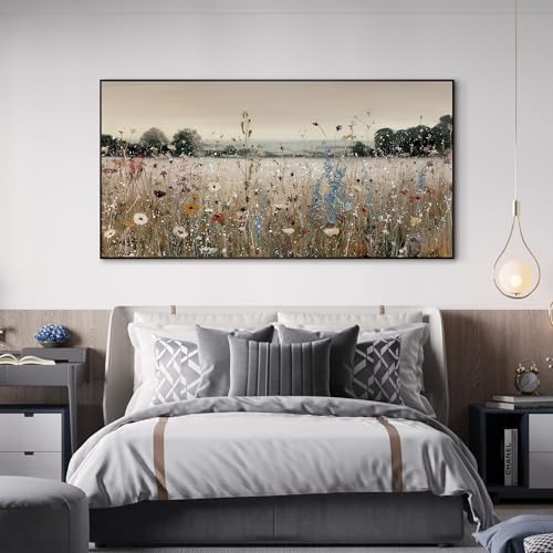 24"x46" Extra Large Framed Wall Art Wildflower Meadow Landscape Soft Pastel Field with Blooming Flowers and Trees Illustration for Home Living Room Bedroom Decor