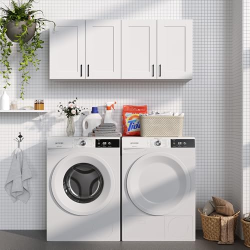 White Laundry Room Cabinets and Storage with 4 Doors and Utility Adjustable Shelf