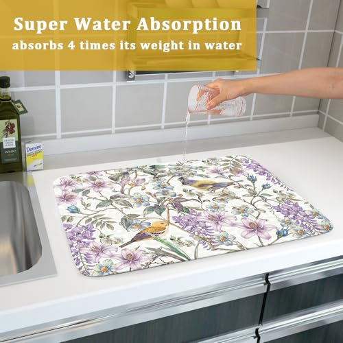 Spring Summer Dish Drying Mat for Kitchen Counter Cute Bird Purple Flower Super Absorbent Reversible Microfiber Kitchen Countertop Protector Dishes Pad Large 18x24 inch