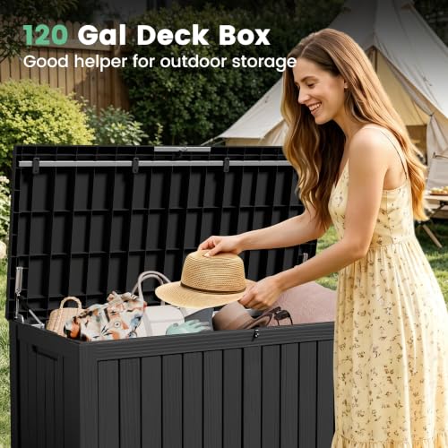 120 Gallon Outdoor Storage Box Waterproof Lockable Resin Deck Box for Patio