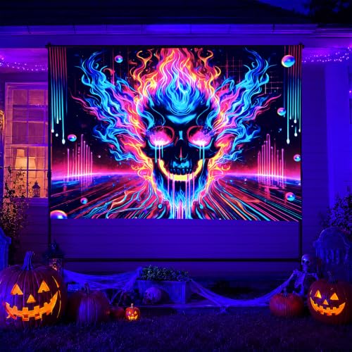 Blacklight Tapestry Flaming Skull UV Wall Art 78 x 59 Inch