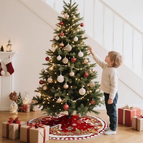 Red Gingerbread Christmas Tree Skirt Decorations House Decor Christmas Gingerbread Tree Ornaments Holiday Party Indoor Outdoor Xmas Trees Mat 48 inches