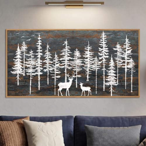 Vintage Pine Tree Deer Framed Canvas Wall Art Set