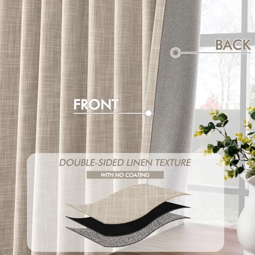 Beige 100% Blackout Linen Curtains 90 Inch 2 Panels Set Double Sided No Coating Pleated Back Tab Black Out Long Thermal Insulated Pinch Pleat Bedroom Living Room Darkening Window Drapes (2 Count)