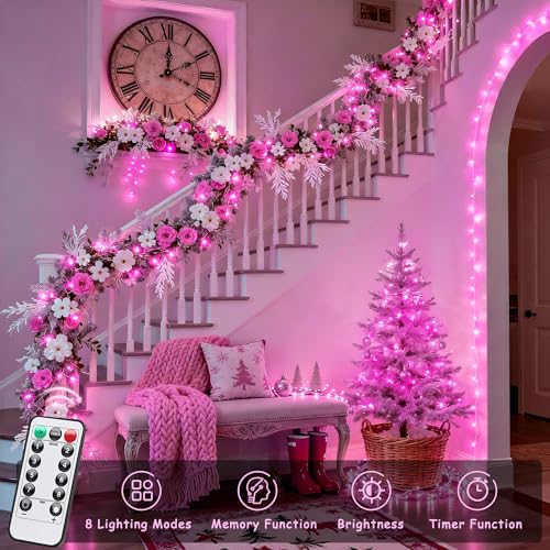 33ft 100 LED Pink Battery Operated Lights with 8 Modes Remote (100 Count)