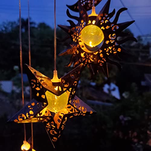 Solar Wind Chimes for Outside with Sun Moon Star Solar Hanging Lights Windchimes Outdoors Garden Decor Gifts for Mother