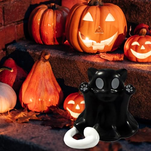 Halloween Ghost Figurine Resin Cute Spooky Sculpture Halloween Table Ornament Decorations Small Mini Black Ghost Cat Figurines for Home Office Holiday Table Desk Display Ornaments