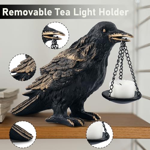 Raven Gothic Home Decor Fake Crow Light Holder Raven Lamp Tealight Candle Holder Resin Raven Statue Wearing Gold 2PCS (2 Count)