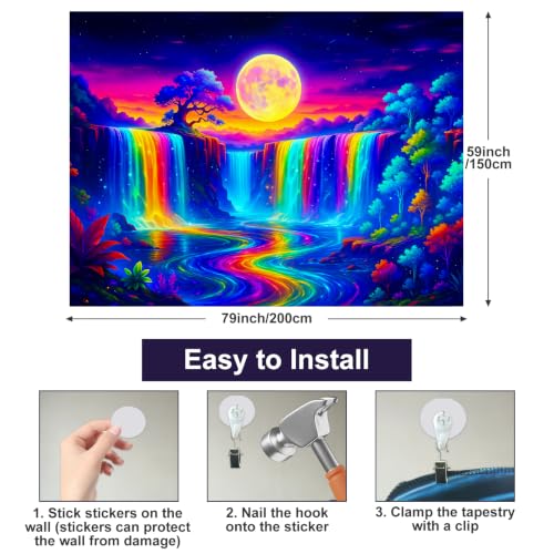 Blacklight Tapestry Forest Waterfall Neon Decor 78 x 59 Inch