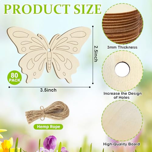 80PCS Wooden Spring Ornaments to Paint Butterfly Cutouts (80 Count)