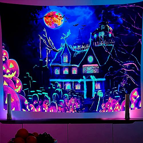 Blacklight Halloween Castle Tapestry 90"x70" Pumpkins Bats Crosses Backdrop Bedroom Aesthetic Hippie Room Decor Glow in The Dark Wall Poster for Halloween Easter