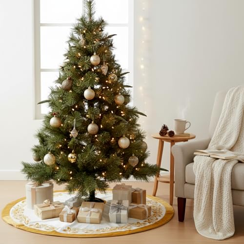 48 Inch Vintage Velvet Christmas Tree Skirt Ivory Traditional Luxury Plush Fur Tree Skirt with Gold Victorian Venetian Embroidered Holly Leaf for Rustic Home Xmas Holiday Decoration