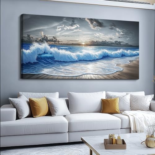 Wall Decor For Living Room Blue Ocean Wave Painting 20"X40"
