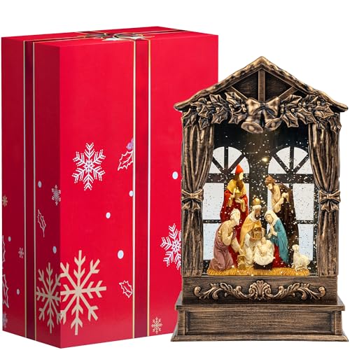 Three Kings Three Saints Window Christmas Snow Globe Swirling Glittering Nativity Figurines Manger Scene