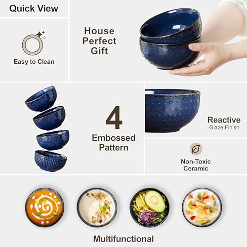 Cereal Bowls 30 Ounce Ceramic Blue Soup Bowl for Kitchen (4 Count)