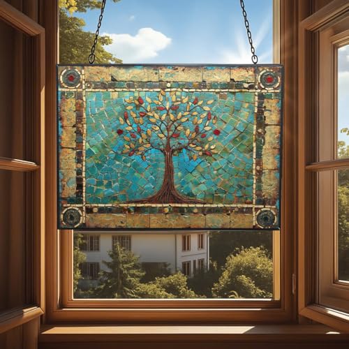 Customized Rectangle Tree of Life Stained Glass Window Hanging Sun Catcher Halloween Haning Ornament Decoration Christmas Birthday Gifts for Lover Friends Mother