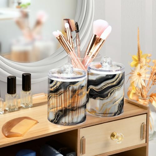 2 Pack Qtip Holder Organizer Dispenser Black Gold Grey Marble Texture Bathroom Storage Canister Cotton Ball Holder Container for Cotton Pads (2 Count)