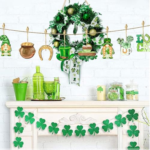 Mtruil 12 Pcs St Patricks Day Ornaments for Tree Shamrock Wooden Dwarf
