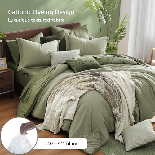 Queen Comforter Set Sage Green 7 Pieces Cationic Dyeing Bed in a Bag