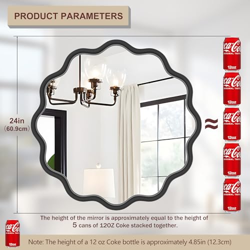 Black Round Mirror 24 Inch Wavy Bathroom Vanity Mirror Black Frame Modern Wall Mirror Decorative Wall