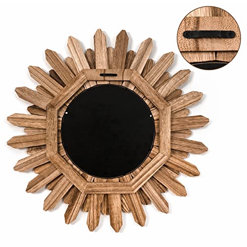 Mirror Wall Decor 21 inch Rustic Wood Boho Aesthetic Mirror for Room & Home Decor Farmhouse Wall Decor at Living Room Bedroom Carbonized Black