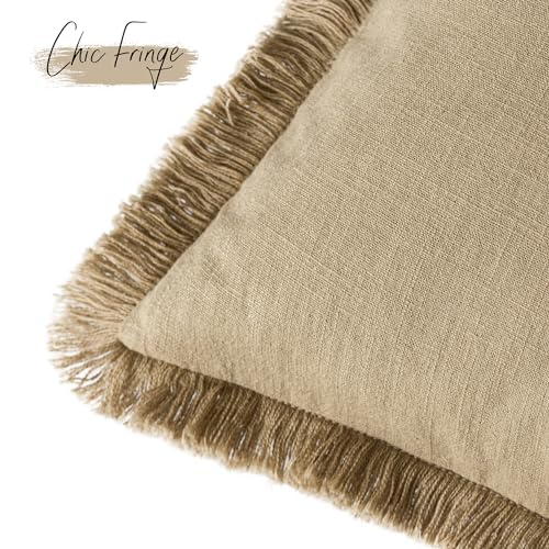 Decorative Linen Fringe Throw Pillow Covers 18×18 Light Khaki (2 Count)