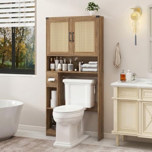 Over The Toilet Storage Cabinet with 2 Rattan Barn Doors