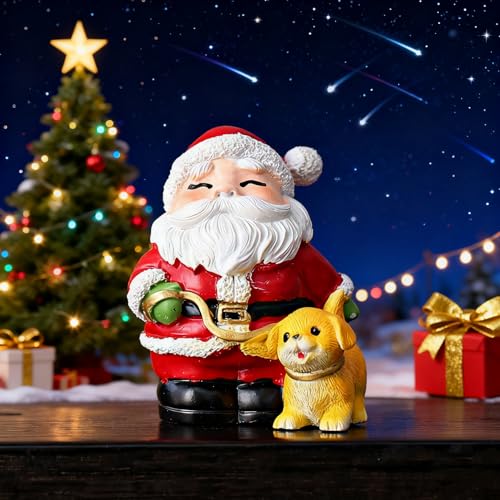 Christmas Santa Claus Figurine Xmas Table Ornaments Funny Statue Artificial Stone Material Sculpture Claus Walking a Dog Statue Christmas Decor for Birthday Party Gift Winter Home Holiday Decor